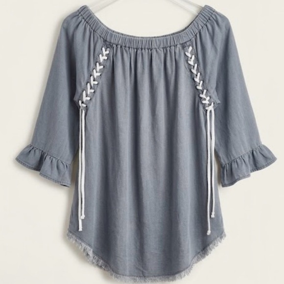 Standard Grace Tops - Standard Grace Boho Off-Shoulder Gray Peasant Top with Lace-Up Detail - EUC
